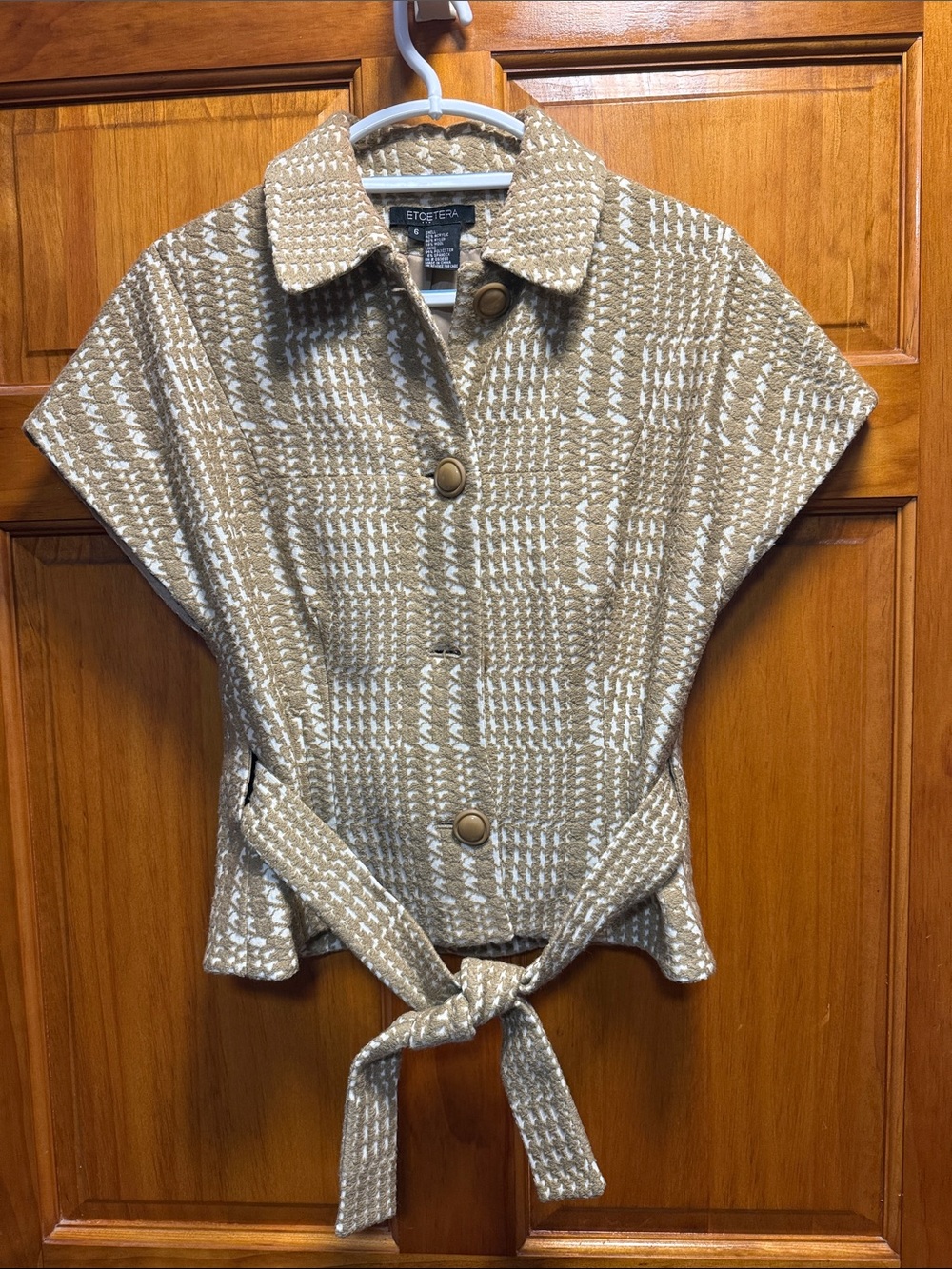 Etcetera Beige & White Plaid Tie-Waist Short Sleeve Jacket